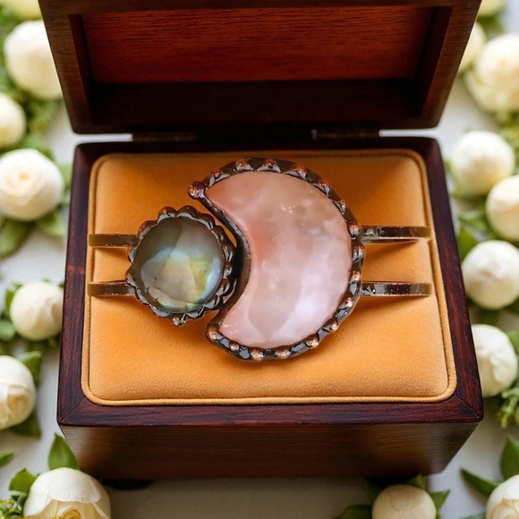 🆕 Pink Rose Quartz & Labradorite Moon Natural Stone Bangle Cuff Bracelet 🌈✨ - Picture 10 of 15